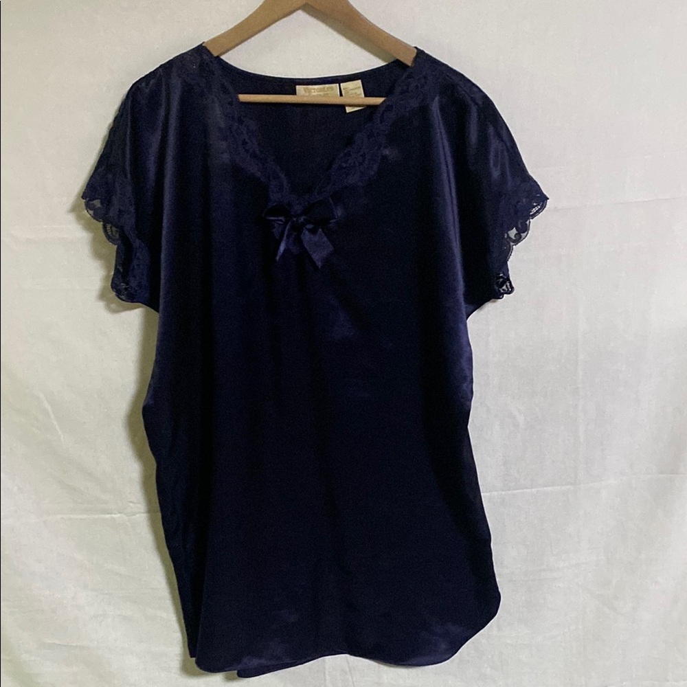 Vintage Gold Label Victoria Secret Navy Blue Satin Polyester Sleep Shirt M/L